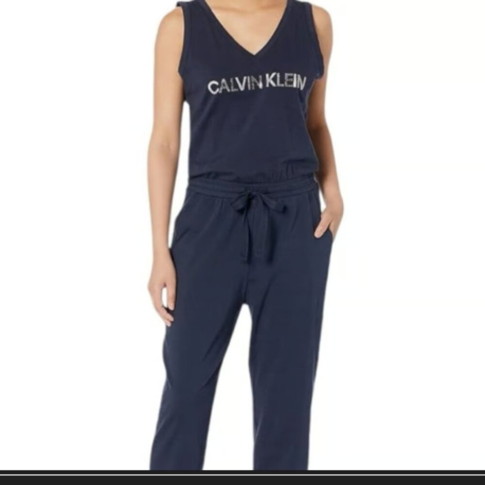 Calvin Klein Dark Jumpsuit Large Jersey Fabric, Rhinestones NEW. CL1